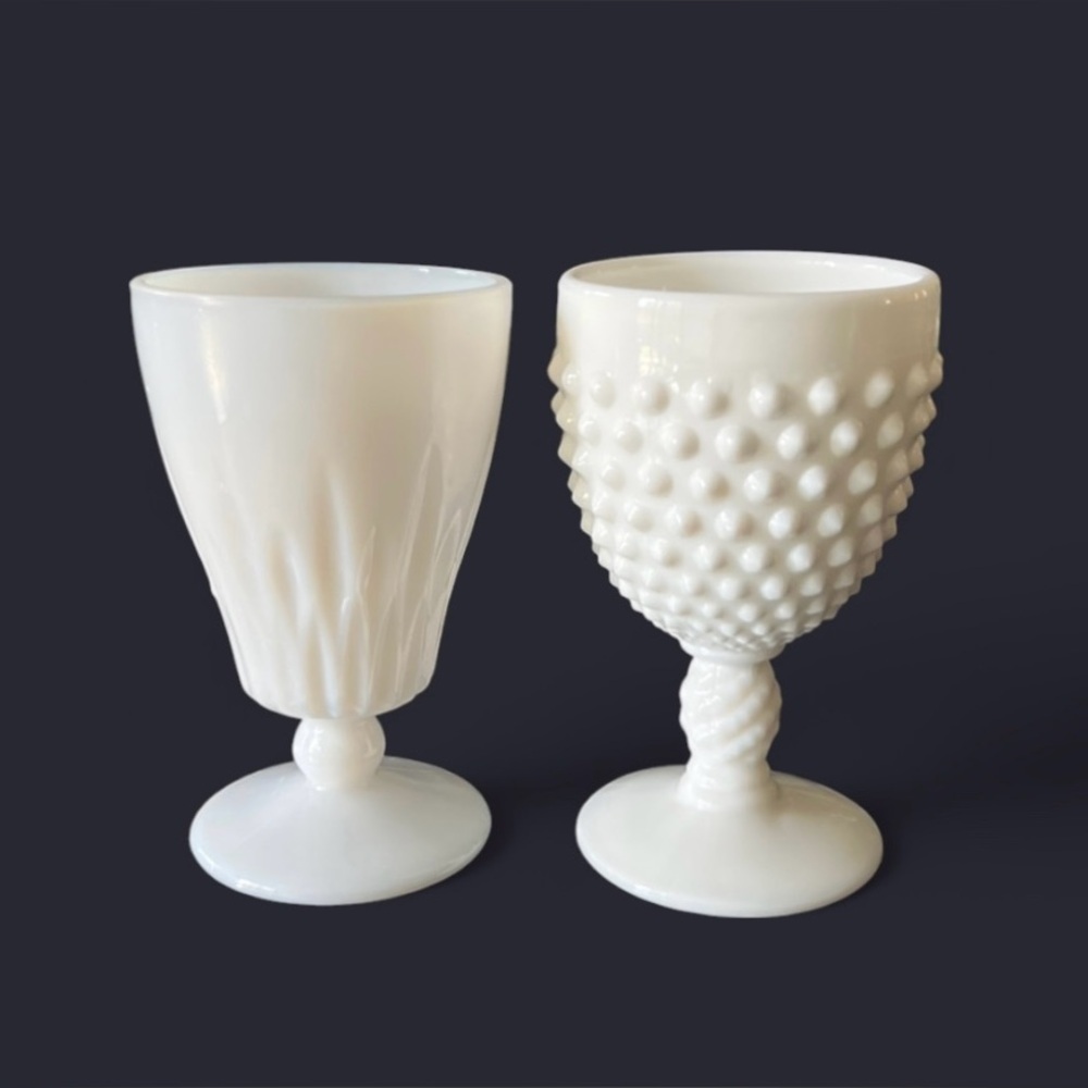 VINTAGE MCM Hazel Atlas Starlite and Fenton Hobnail Milk Glass Goblets